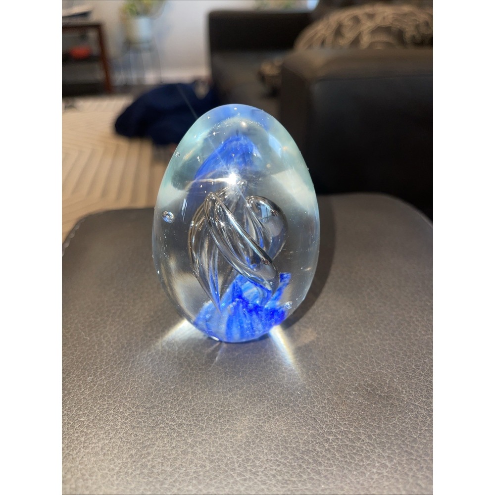 Art Glass Paper Weight Egg Shaped‎ Clear with Blue